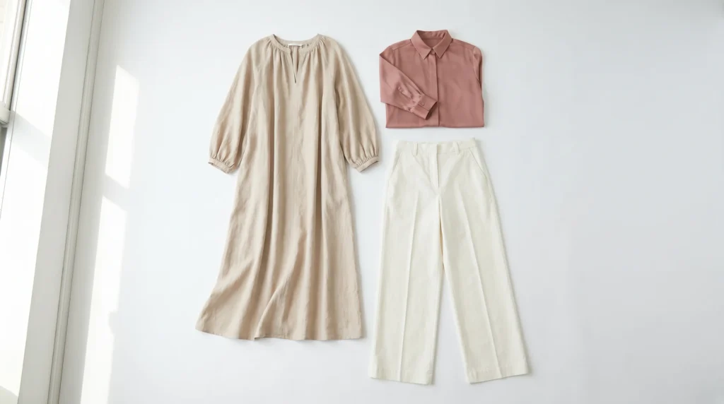 Overzicht van modest fashion kleding: maxi jurk, lange mouw blouse en wijde broek op witte achtergrond