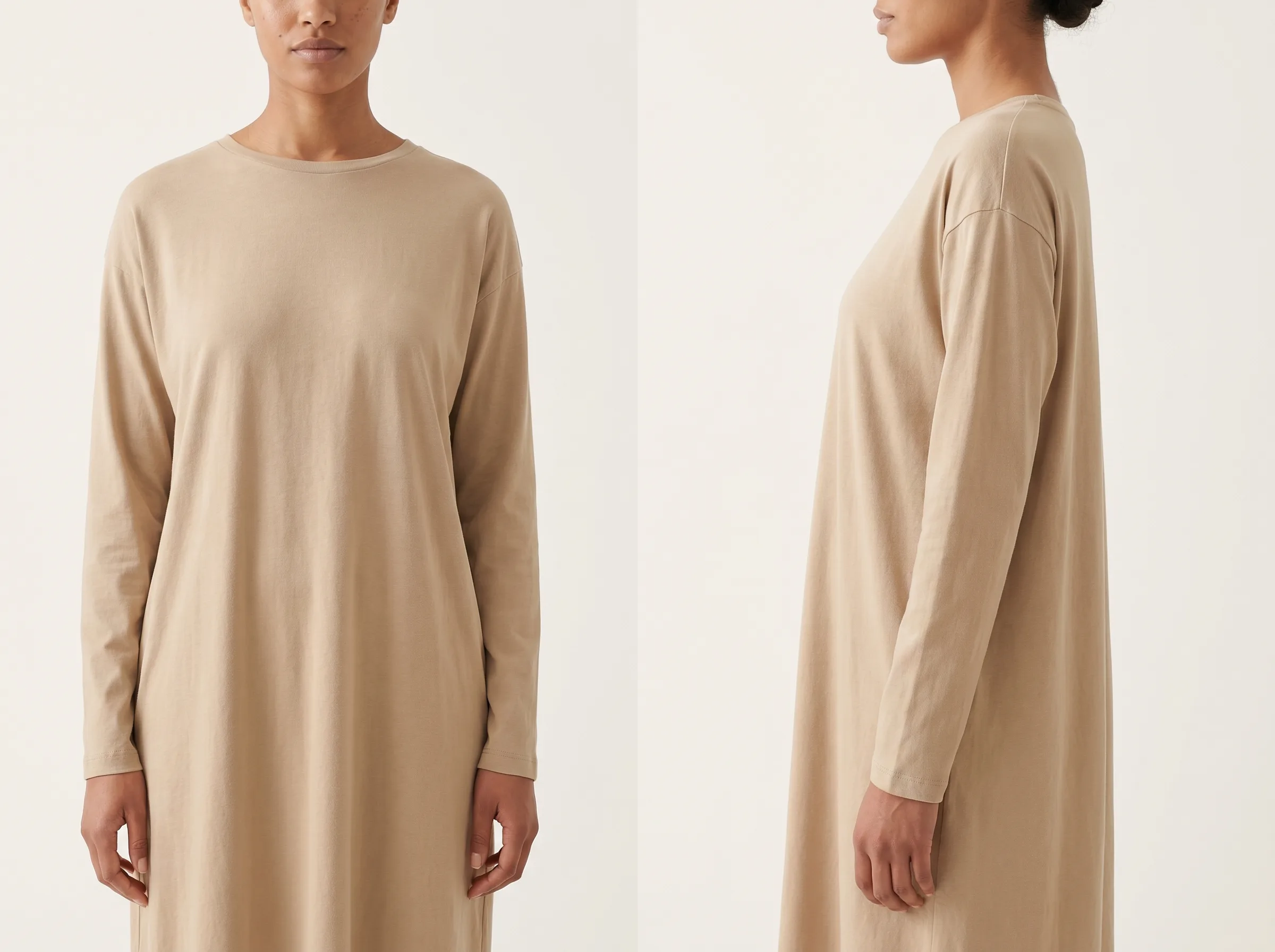 Model draagt een losse lange jurk met lange mouwen — voorbeeld van modest fashion productfotografie