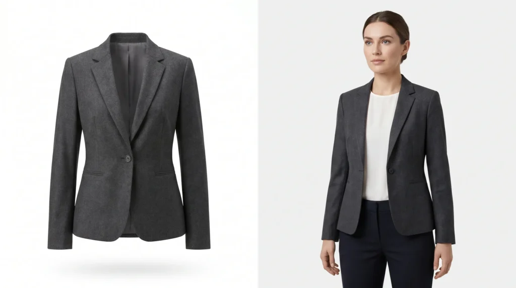 modelfoto's kleding zonder model — Vergelijking van een productfoto en modelfoto's van kleding zonder model, gegenereerd met AI