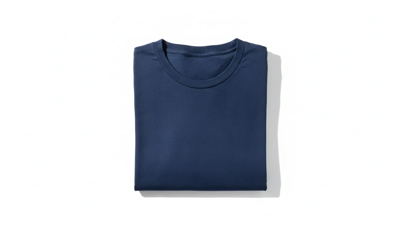 Productfoto op witte achtergrond van een donkerblauw katoenen T-shirt, strak gecentreerd zonder model