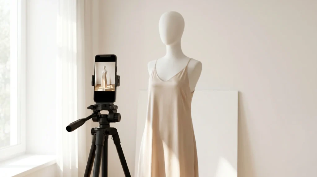 Productvideo opname van een jurk op een etalagepop in een minimalistische studioomgeving