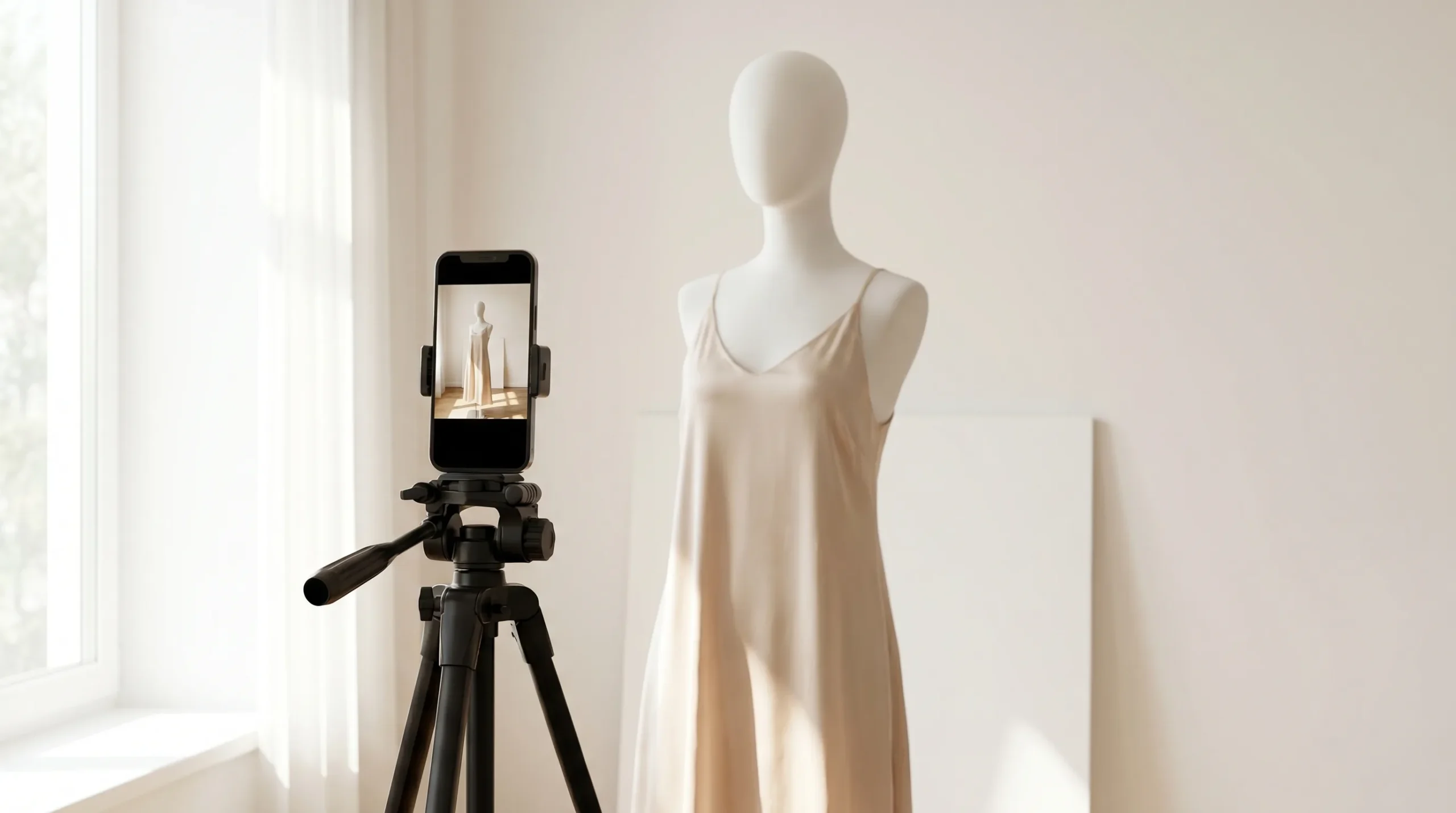 Productvideo opname van een jurk op een etalagepop in een minimalistische studioomgeving