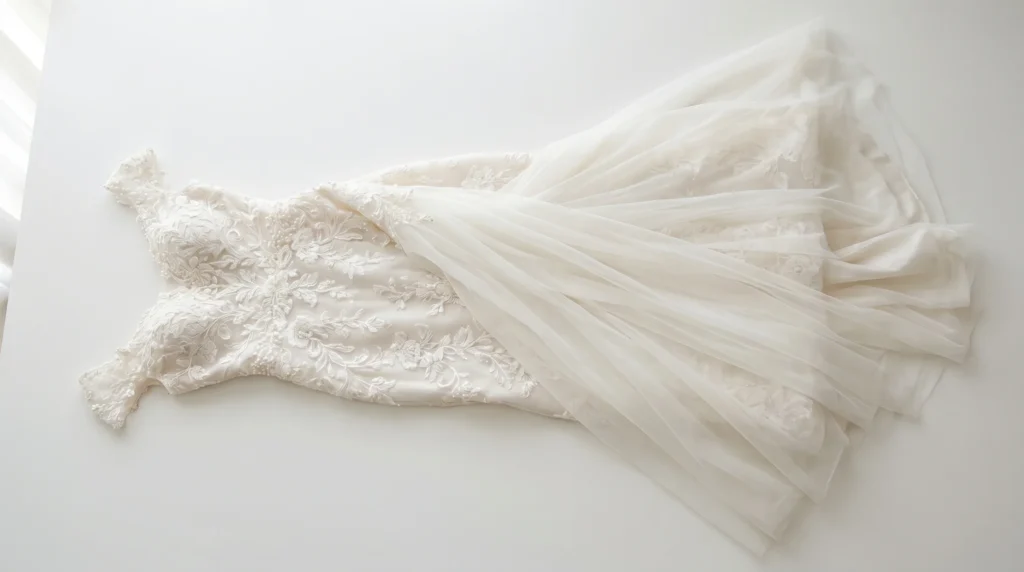 Productteksten bruidsmode: gedetailleerde trouwjurk met kant en sleep op witte achtergrond