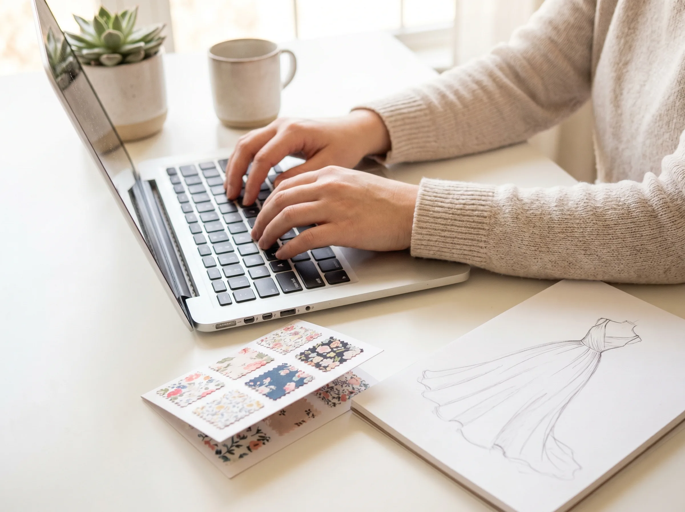 Webshop-eigenaar schrijft productteksten bruidsmode aan een bureau Webshop-eigenaar schrijft productteksten bruidsmode aan een bureau