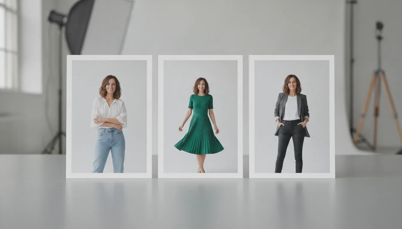 Vast model voor je webshop: drie productfoto's van hetzelfde model in verschillende kledingstukken naast elkaar