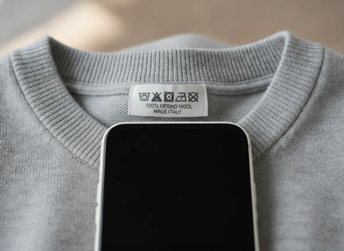 Smartphone die een wasvoorschriftenlabel en maatlabel inscant van een kledingstuk