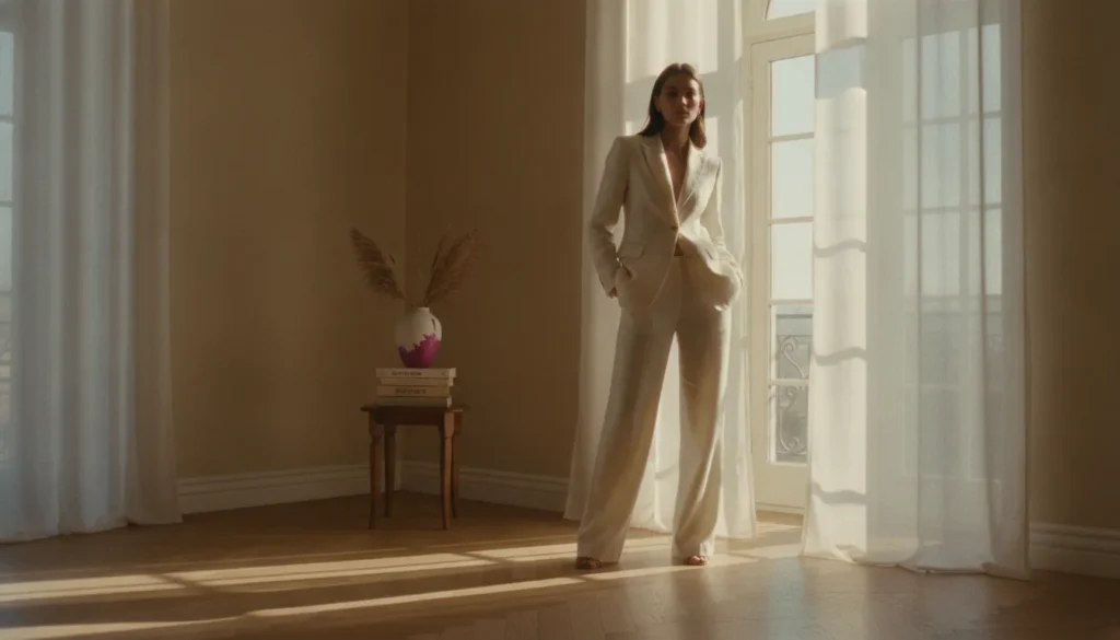 Vrouw in linnen blazer bij raam — voorbeeld van overtuigende productpresentatie voor een virtuele paskamer webshop