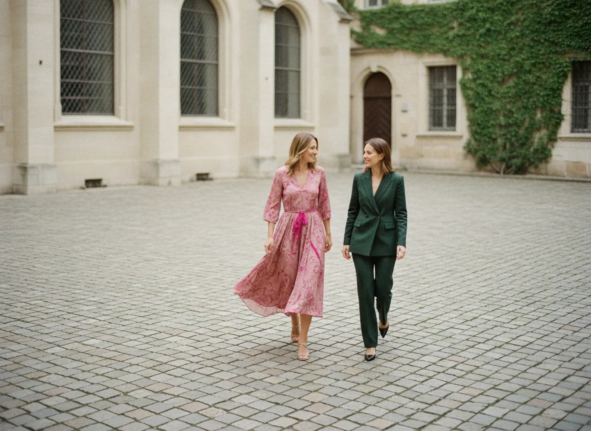 Twee vrouwen in modische outfits in een Europese binnenplaats — realistische modelfoto's naast AR kleding passen voor een webshop