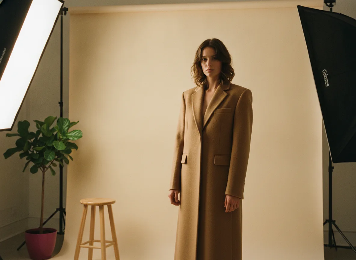 Model in een professionele fotostudio tijdens een fotoshoot voor kledingfotografie Model in een professionele fotostudio tijdens een fotoshoot voor kledingfotografie
