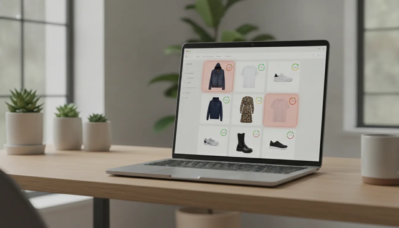 Dashboard waarop productfoto's verbeteren centraal staat — zwakke beelden gemarkeerd met rapportcijfer