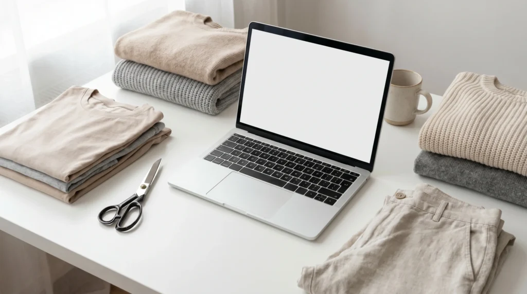 Laptop met een e-commerce productpagina voor een modeshop — WooCommerce vs Shopify vergelijking