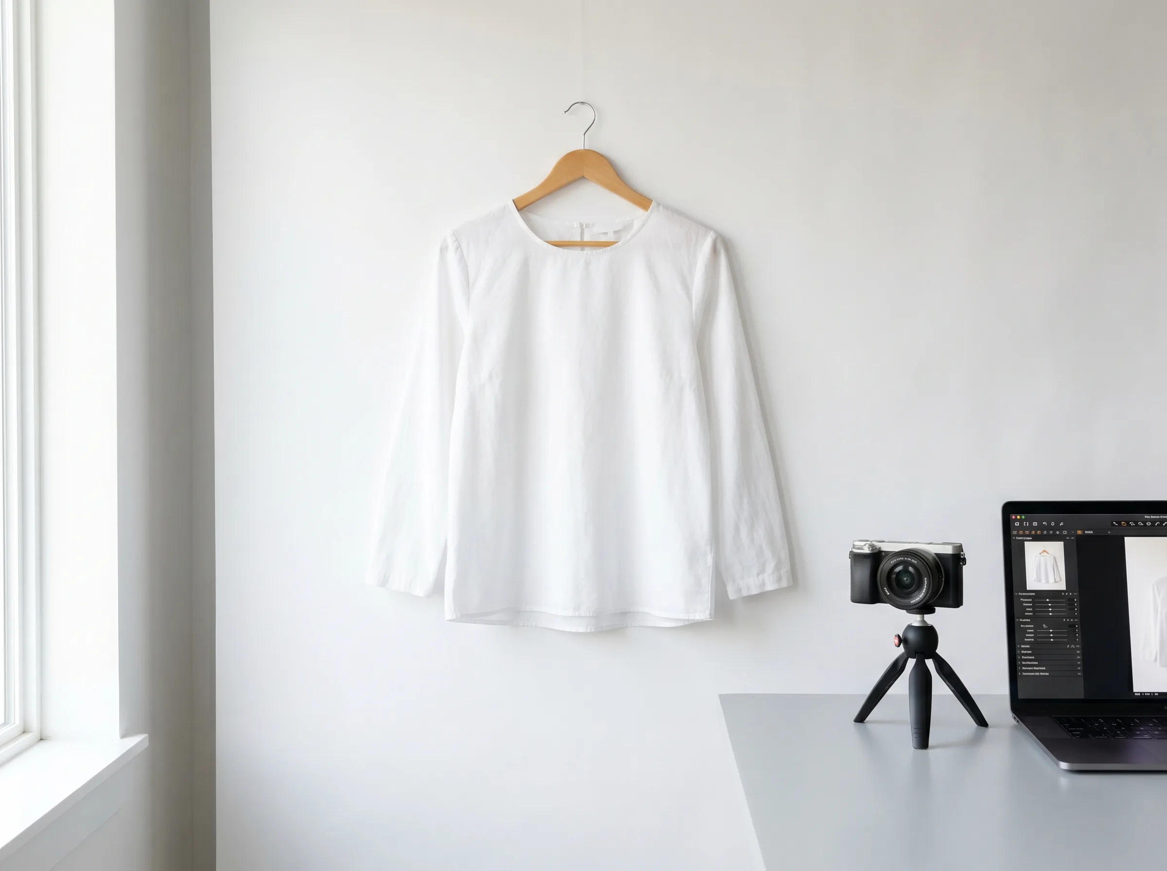 Professionele productfoto opstelling met een witte blouse voor een modeshop Professionele productfoto opstelling met een witte blouse voor een modeshop