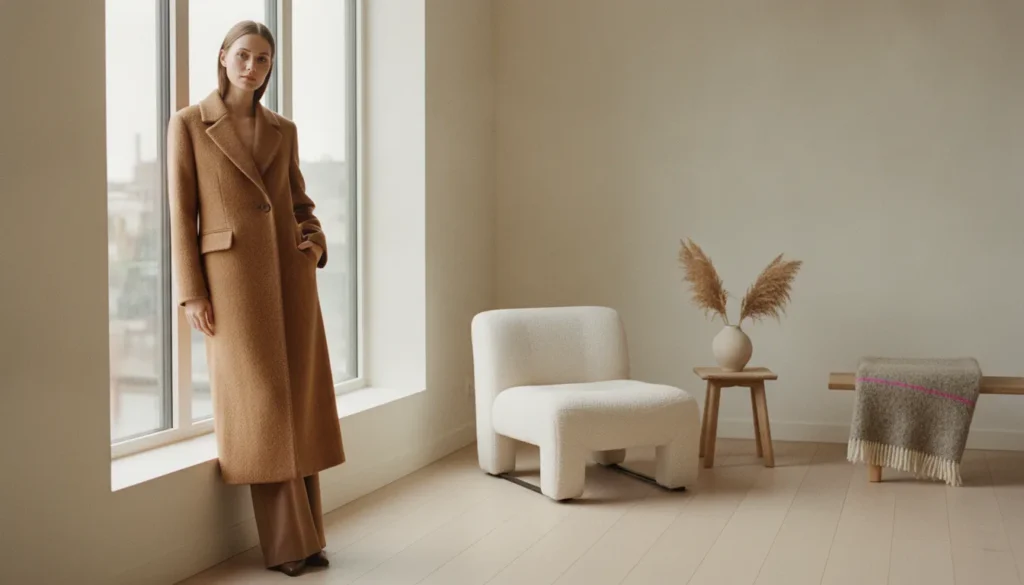 conversie verhogen webshop betere productfoto's — Model in een wollen jas bij een raam — voorbeeld van hoe je de conversie van een webshop verhoogt met betere productfoto's