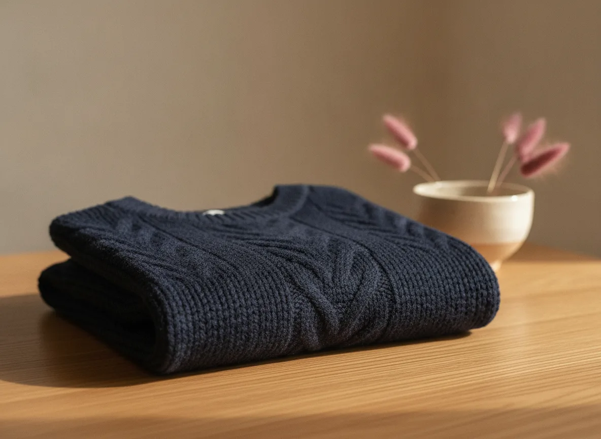 Detailopname van een gebreide trui op een houten ondergrond — voorbeeld van een productfoto die materiaal en textuur nauwkeurig weergeeft