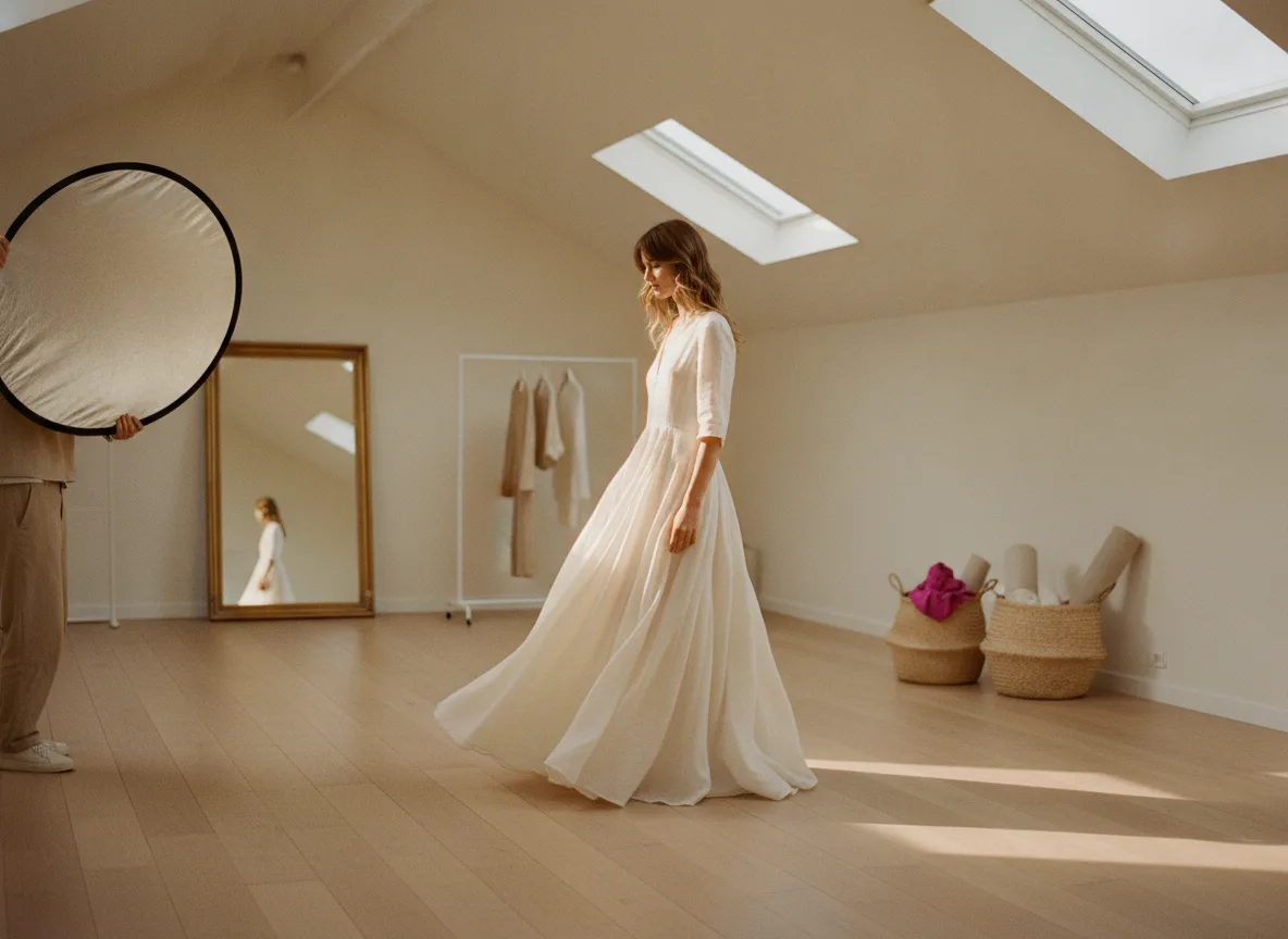 Fotostudio shoot van een model in een linnen jurk — illustratie van professionele kledingfotografie voor een kledingwebshop