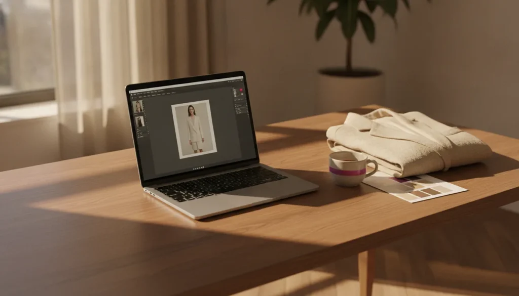 Laptop waarop foto's kleding uploaden en bewerken in bewerkingssoftware op een houten bureau met zachte daglichtinval