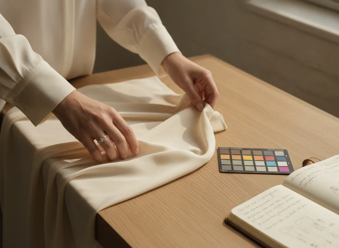 Handen die een zijden blouse rangschikken op een houten tafel ter voorbereiding op productfotografie en bewerking