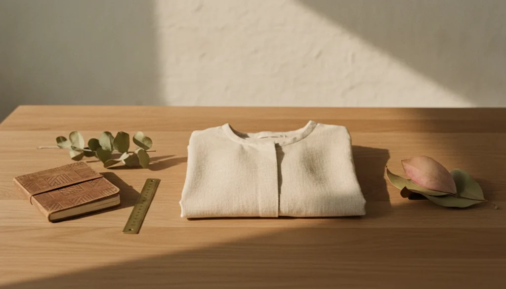 Productfoto SEO optimaliseren: gestileerde editorial opname van een linnen blouse op een houten werkblad