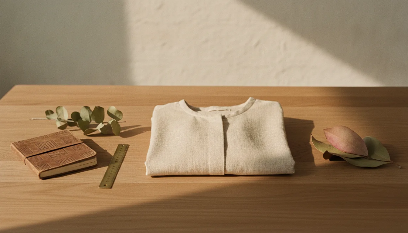 Productfoto SEO optimaliseren: gestileerde editorial opname van een linnen blouse op een houten werkblad